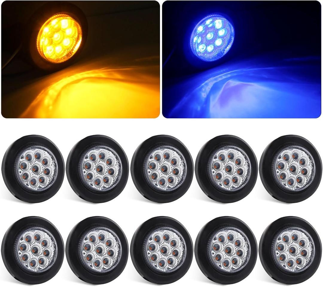 Konrali 10Pcs Dual Revolution 2" Inch Round Led Marker Lights 9 LED Amber/Blue, Amber Side Marker Clearance Lights to Blue Auxiliary Lights Sealed for Trailer Truck, Clear Lens, IP67 Waterproof