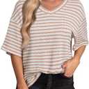 EVALESS Womens Oversized Shirts Summer Tops V Neck Short Sleeve Striped Tee Shirt S
