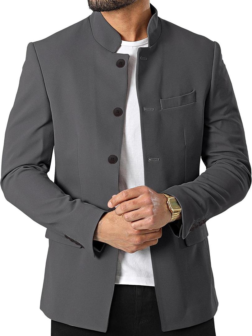 Mens Casual Suit Blazer Jackets Stand Mandarin Collar Lightweight Lined Business Dress Sport Coats (3X-Large, Grey)