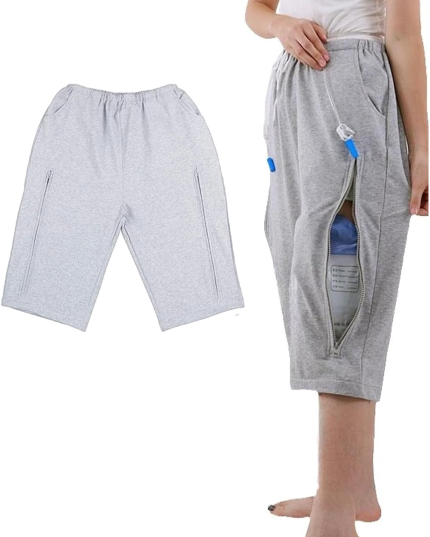 rine Bag Holder Pants, Catheter Leg Bag Cropped Pants with 2 Pockets Holding Urinate Drainage Bags for Biliary Catheters,Nephrostomy, Cystostomy (Gray,2XL)