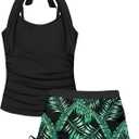 Girls Swimsuit 2 Piece Halterneck Girls Tankini Swimsuit Drawstring Printed Swim Shorts Girl Bathing Suit for 7-16T (9-10 Years, Black+green)