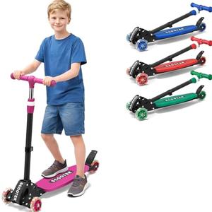 3 Wheel Kids Kick Scooter for Ages 3-12, Lean-to-Steer, Light-Up PU Wheels, 3-Level Adjustable Handlebar 27.5”-33”, Wide Non-Slip Deck, Dual Rear Brake,Travel Foldable,180LBS-Pink