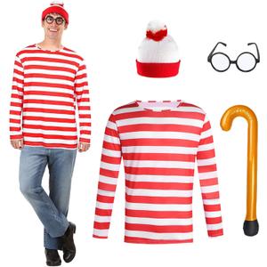 Adult Red and White Striped Cosplay Costume for Men Stripes Chirstamas Costumes Set with Glasses Hat Inflatable Cane (XXL)