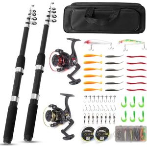 Fishing Rod and Reel Combo Set - 2PCS 6.89ft Collapsible Carbon Fiber Rods with Spinning Reels Fishing Lures Carrier Bag for Travel Saltwater Freshwater Complete Fishing Pole Kit for Anglers