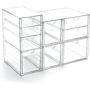 Prsildan Acrylic Drawer Makeup Organizer with 9 Drawers, Set of 3 Office Desk Organizers Accessories, Clear Stackable Storage Drawers for Vanity, Countertop, Craft, Jewelry, Art Supply Organization