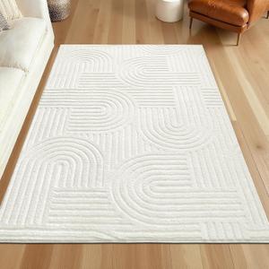 SHACOS Soft Cozy Fluffy Arch Pattern High Low Pile Rugs 4'x6' Non Slip Washable Scandinavian Minimalist Rug Modern Geometric Arc Carpet for Living Room Bedroom Dining Room, Cream White