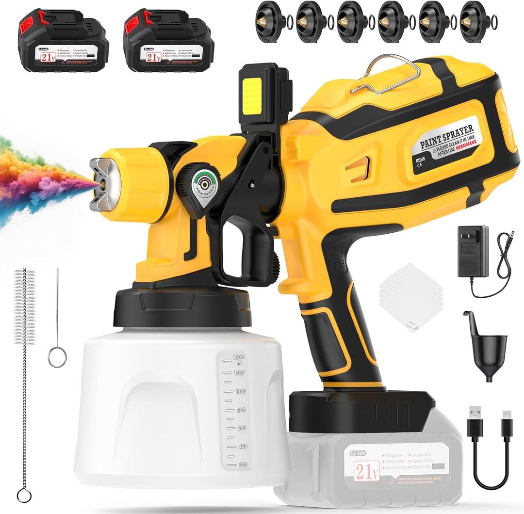 Paint Sprayer, 700W High Power Cordless Electric Spray Paint Gun with 1400ml Water Container, 2×4000mAh Batteries, LED Light, 3 Modes & 6 Brass Nozzles, Paint Sprayer for House Painting