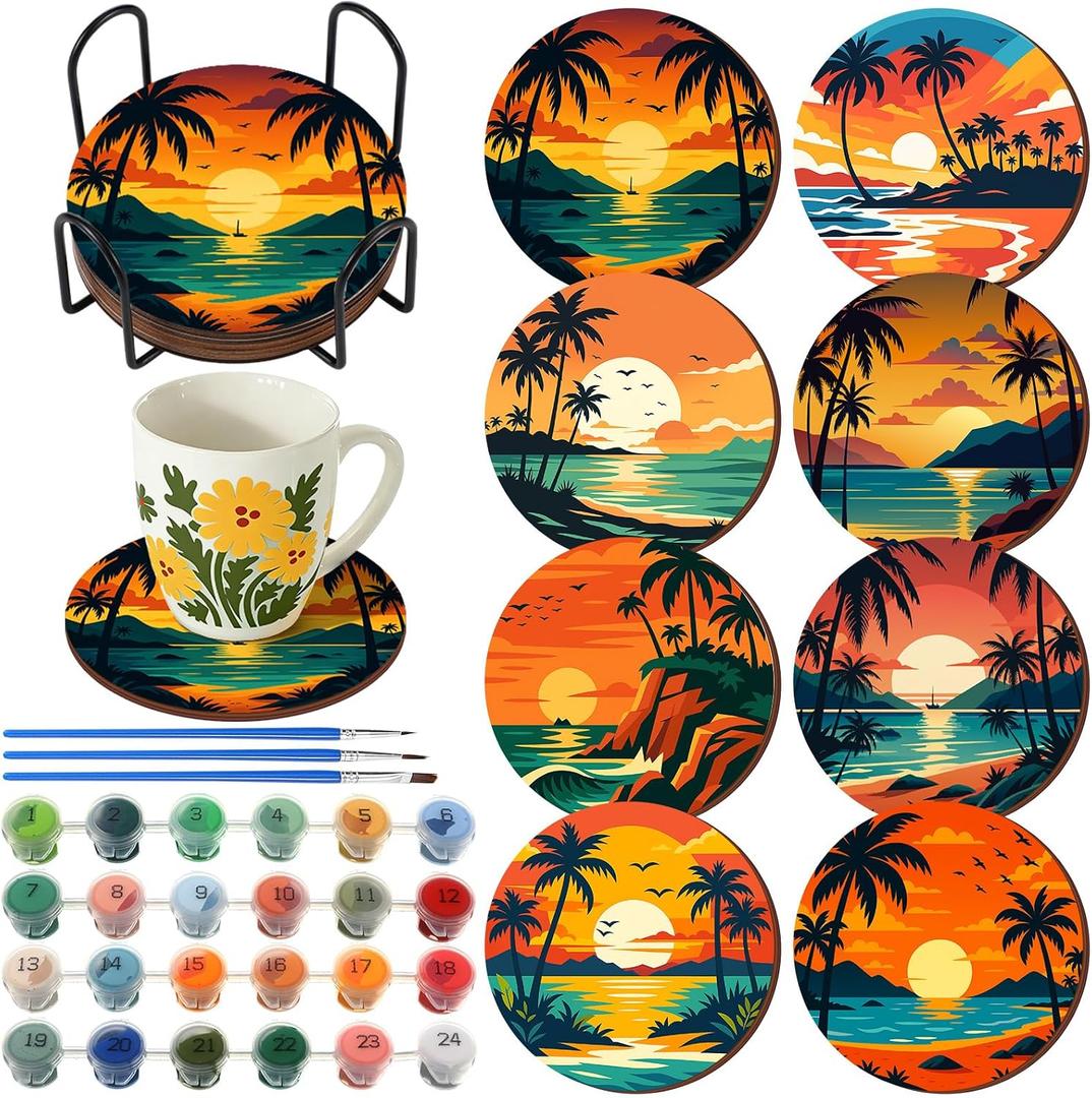 Reallnaive 8 Pcs Beach Paint by Numbers Kit for Adults Summer Coastal Coasters with Holder Palm Trees Sunset Mini Paint by Numbers Round Oil Painting Drink Coaster for Small DIY Craft Birthday Gift
