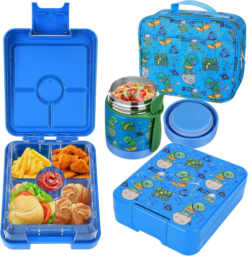 Bento Lunch Box Set for Kids with 10oz Soup Thermo, Leak-Proof Lunch Containers with 4 Compartment, Kids Thermo Hot Food Jar and Insulated Lunch Bag for Kid to School,BPA-Free(Dragon) (Blue-Tyrannosaurus Rex) Bento Lunch Box Set for Kids with 10oz Soup Thermo, Leak-Proof Lunch Containers with 4 Compartment, Kids Thermo Hot Food Jar and Insulated Lunch Bag for Kid to School,BPA-Free(Dragon) (Blue-Tyrannosaurus Rex)