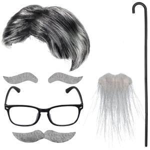 Old Man Wig And Mustache Set Grandpa Costume Accessories Kit With Grey Wig Fake Beard Eyebrows Cane Glasses for Men Adults teens (Grey wig set) (gray)