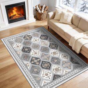 4x6 Area Rug, Soft Non-Slip Boho Moroccan Rug, Low-Pile Printed Indoor Washable Area Rugs for Living Room, Bedroom Bedside, Entryway, Kitchen - Gray/Gold