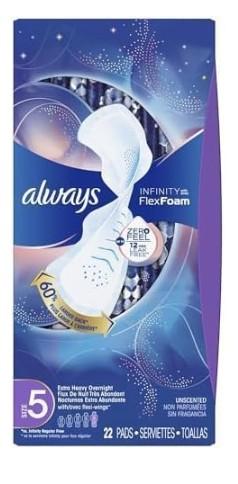 Always Infinity FlexFoam Pads for Women, Size 5, Extra Heavy Overnight Absorbency, Unscented, 22 Count