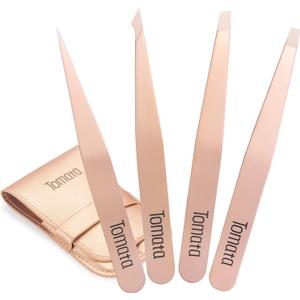 Tweezers for Eyebrows, Slant Tip and Pointed Eyebrow Tweezer Set Great Precision for Eyebrows Facial Hair, Ingrown Hair, Splinter, Blackhead and Tick Remover (4-piece) (Gold)