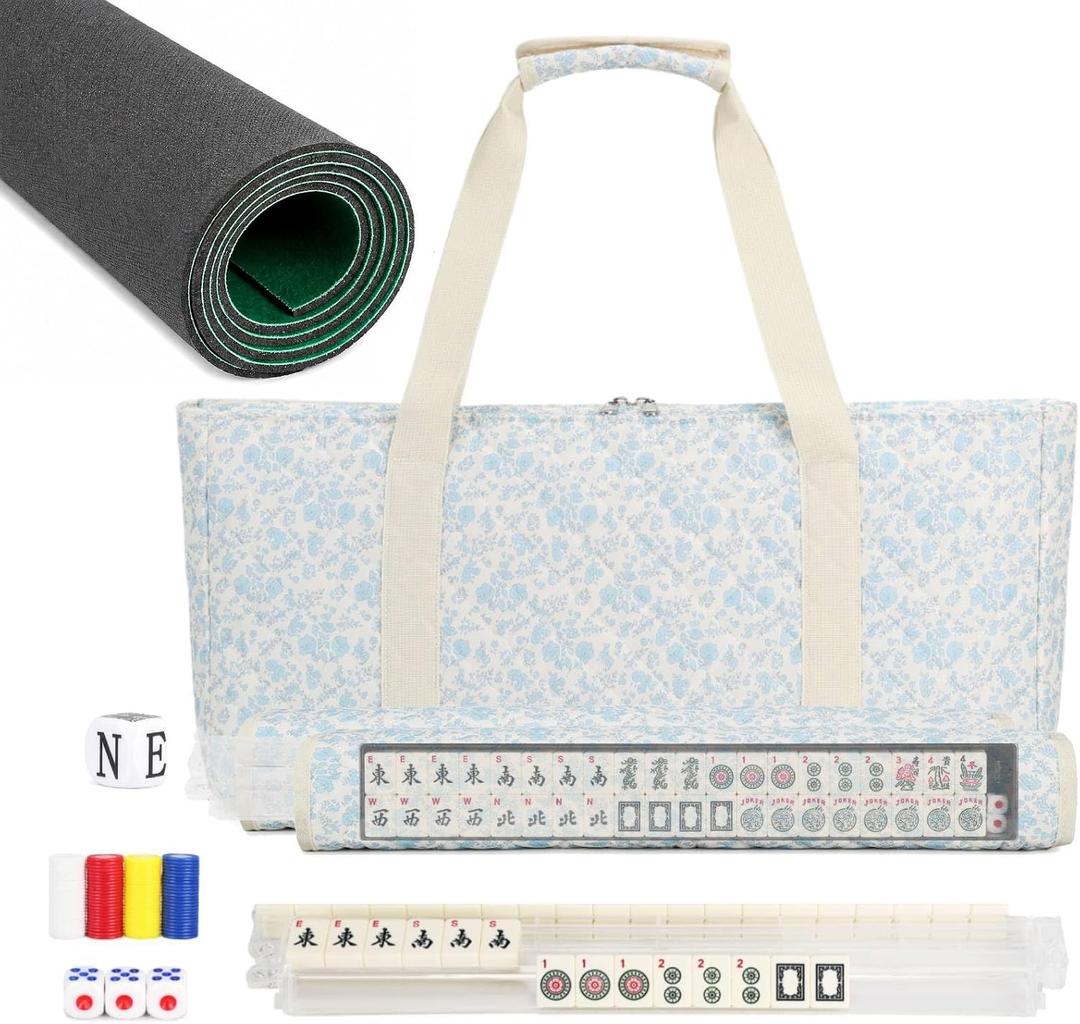 PiPiCat Complete American Mahjong Set, 166 Tiles (30mm) with 31.5x31.5in Mat One-Click Flip Reinforced 18-Inch Rack/Pushers Shockproof Bag & 6 Spare (Floral Beige), 52.5*26*8CM