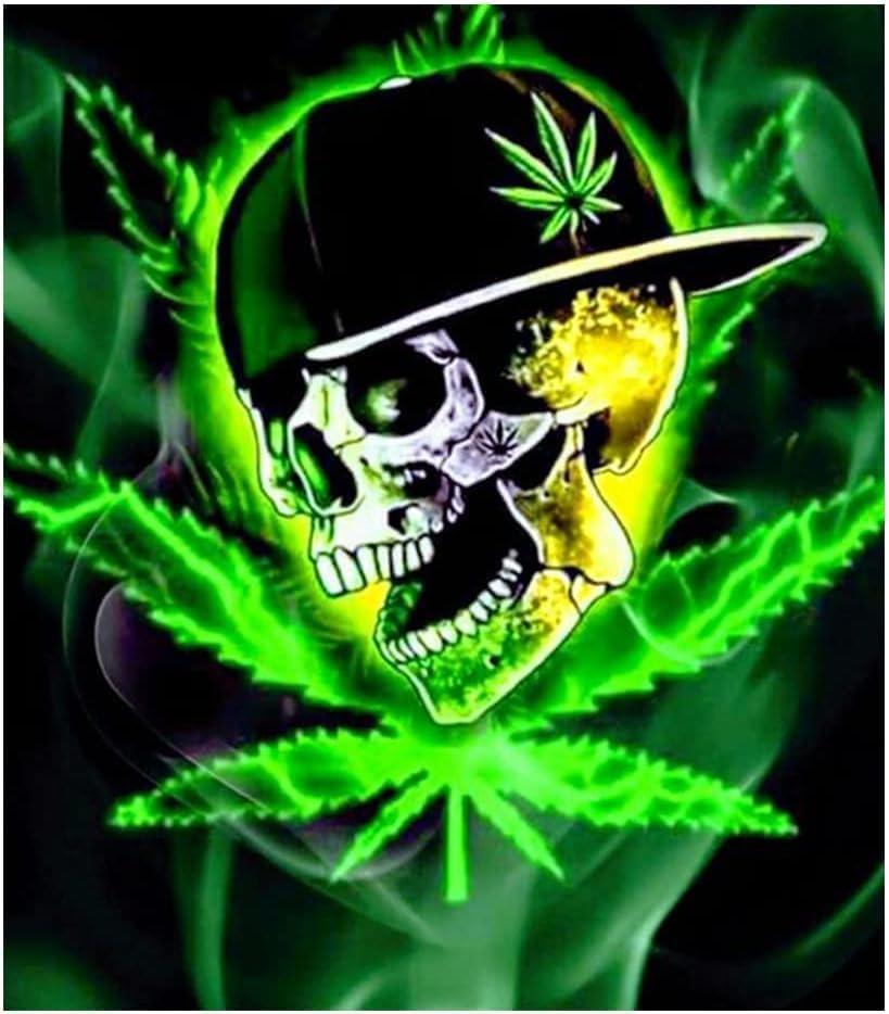 Diamond Painting Cannabis Leaves 5D Full Drill Diamond Painting Kit (Set by Number) Skull Diamond Art Round Diamonds, Diamond Painting Kits for Adults12x16inch