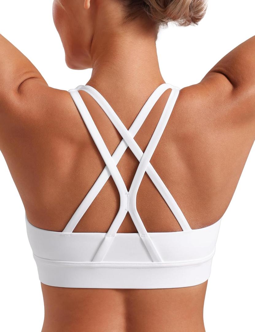 POSHDIVAH Women's Mid-Impact Sports Bra with Removable Padding - Criss Cross Back for Yoga, Running & Gym Workouts (Medium, White)