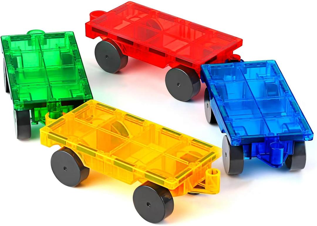 Magnetic Tiles Cars Construction Set - 4 PCS Magnetic Tiles Magnet Bricks Truck Sensory Toys, Educational Magnet Cars Set Building Blocks for 3 4 5 6 7 8+ Year Old Girls Boys