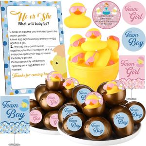 30 Sets Gender Reveal Games Team Boy or Girl Party Favors Include He or She Wooden Sign Gender Reveal Rubber Duck Plastic Yellow Golden Eggs Sticker Card for Baby Shower Decorations(Pink)