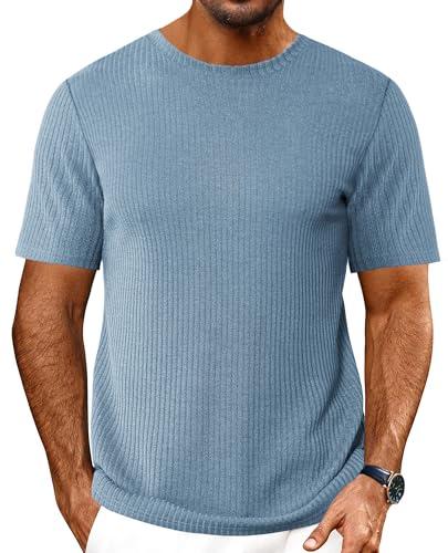 Ekouaer Men's T-Shirts Short Sleeve Slim Fit Workout Casual Crewneck Knit Shirts Light Blue M