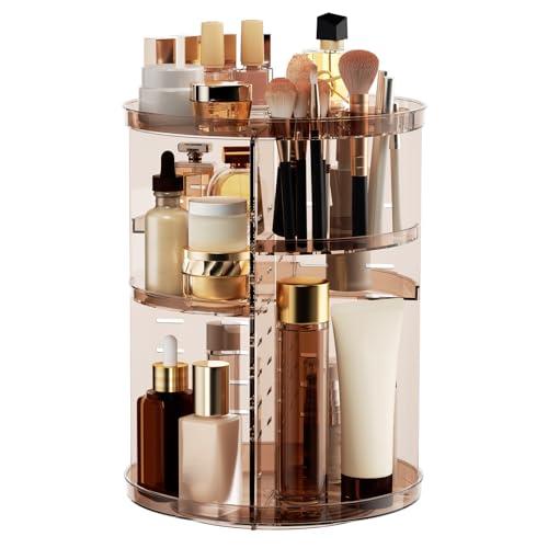 Rotating Makeup Organizer Countertop, DIY Adjustable Trays Spinning Skincare Organizers, Cosmetic Display Shelf with Perfume & Brush Holder, Multi-Function Desk Storage Carousel for Vanity Bathroom, Clear Coffee