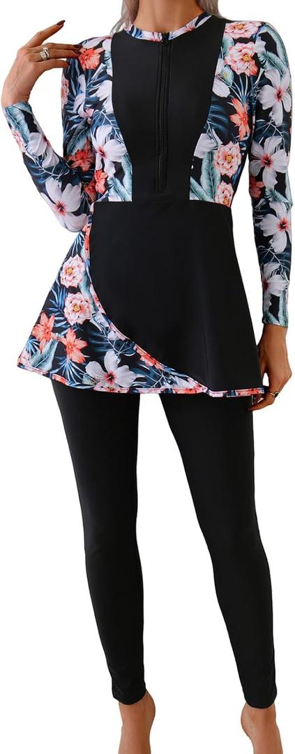 OBEEII Womens Muslim Swimsuits Rash Guard Full Coverage Long Sleeve Floral Print Swimwear Burkini Summer Islamic Beachwear (L)