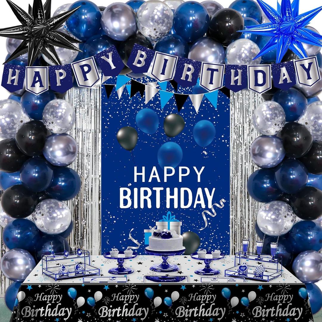 Birthday Decorations for Men Women, Blue and Black Happy Birthday Decorations for Boys Happy Birthday Door Banner, Balloons, Tablecloth Foil Backdrop Star Balloons for Mens Bday Party Decor