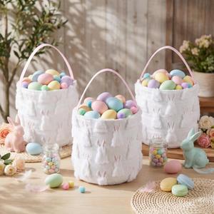 3 Pcs Bunny Easter Basket with Handle Jacquard Design Soft Faux Fur Rabbit Gift Treat Basket Foldable Plush Rabbit Bag for Easter Egg Hunt Party Supplies Decorations Supplies