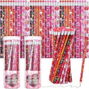 ADXCO 96 Valentines Day Pencils with Eraser and Pencil Bucket for Valentine's Day Party Supplies, Classroom Rewards, Carnival Prize, School Office Supplies