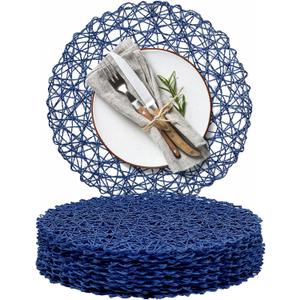 AHHFSMEI Paper Braided Round Placemats Set of 12 Natural Non-Slip Heat Resistant Table Mats for Dining Tables Farmhouse Woven Indoor Outdoor Place mats (Blue,12)
