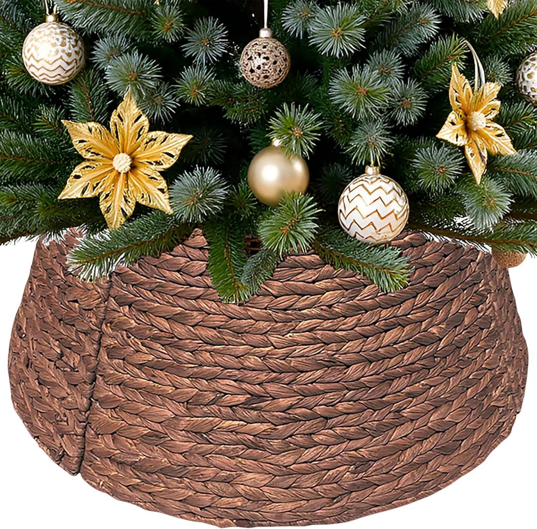Handwoven Christmas Tree Collar  Natural Water Hyacinth Rattan Ring, Rustic Boho Holiday Decoration for Artificial Trees, Cozy Farmhouse Look (27 inch, Brown Wash)
