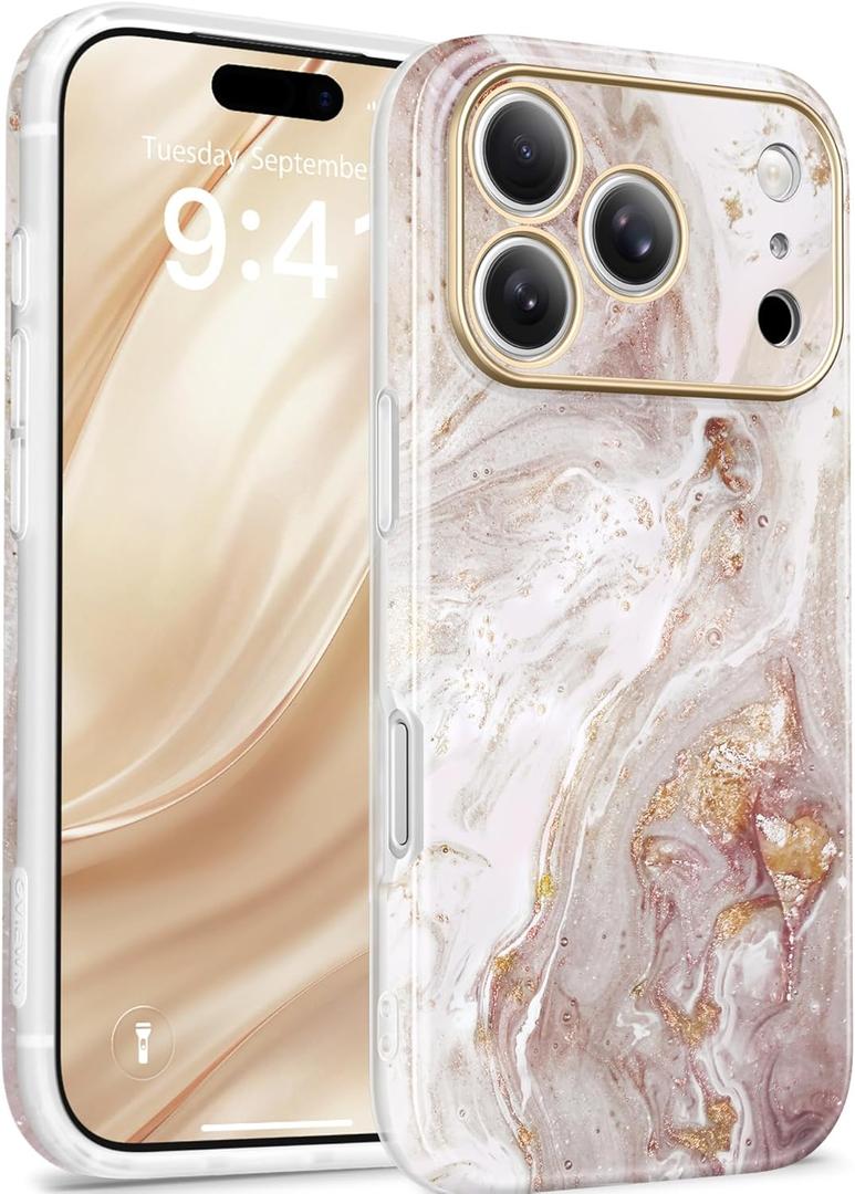GVIEWIN for iPhone 17 Pro Case Compatible with MagSafe, [Full Camera Protection][Military-Grade Protection] Shockproof Protective Slim Magnetic Marble Phone Case for 17 Pro 6.3", Pearlescent/Gold