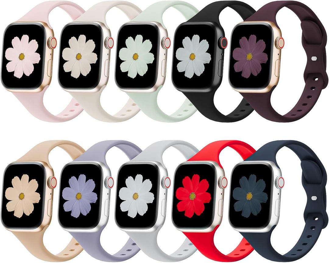 10 Pack Slim Bands Compatible with Apple Watch Bands 38mm 40mm 41mm 42mm 44mm 45mm 46mm 49mm, Soft Thin Silicone Sport Narrow Strap for iWatch Series 11/10/9/8/SE/7/6/5/4/3/2/1/Ultra Women Men (Sand Pink/Starlight/Soft Mint/Black/Dark Cherry/Milk Tea/Lavender Gray/Gray/Red/Abyss Blue)