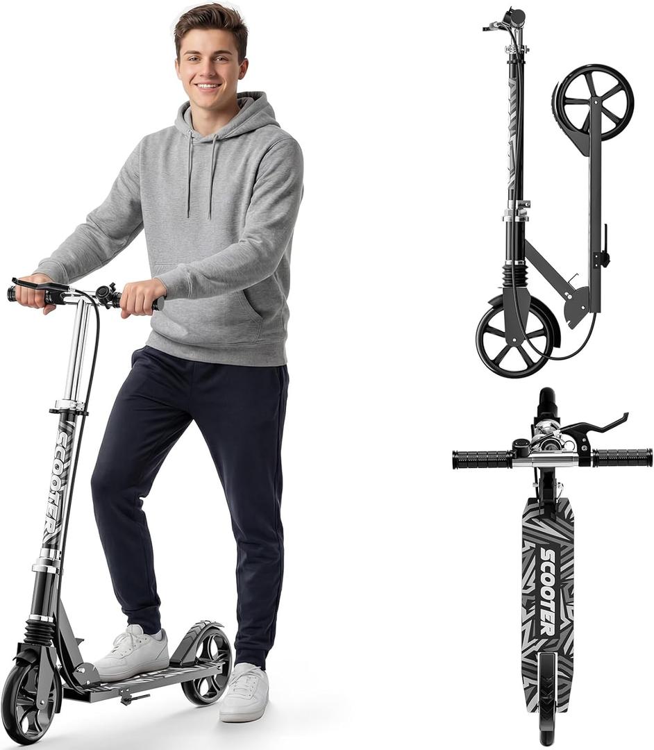 Scooters for Kids 8-12, Teens & Adults - Load 240 LBS, 8-Inch Wheels, Kick Scooter with Shock Absorption System, Hand Brake & Bell, 4 Adjustable Height Levels, Perfect for School, Commuting or Park (Black)