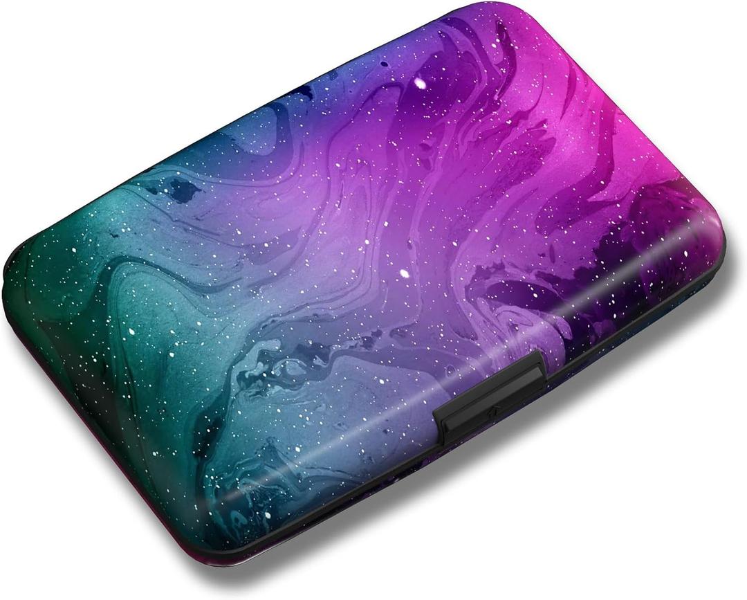 Maicican Credit Card Holder, Mini RFID Blocking Aluminum Wallet Slim Metal Hard Case Travel Wallet ID Case for Women and Men, 4.3 x 2.9 Inches (Purple Marble)