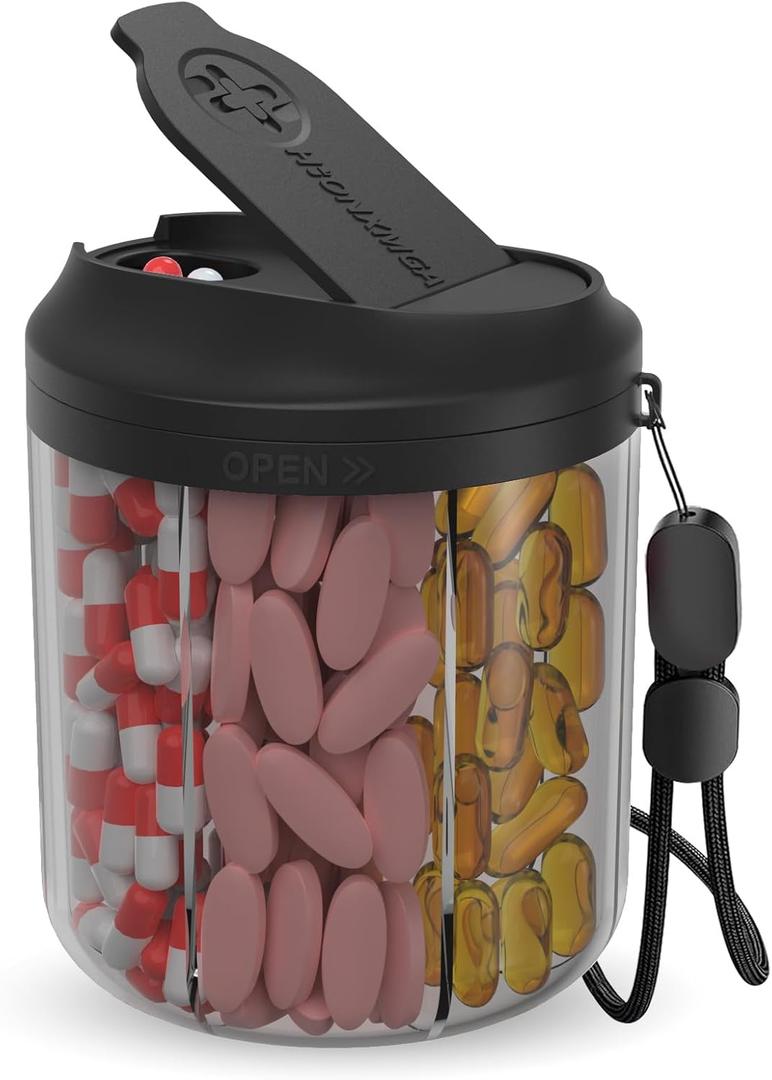 Pill Dispenser with 7 Large Compartments, Pill Bottle Organizer for Travel, Supplement Organizer with Anti-Mixing Design, BPA-Free Pill Container with 20 Pcs Labels, Black