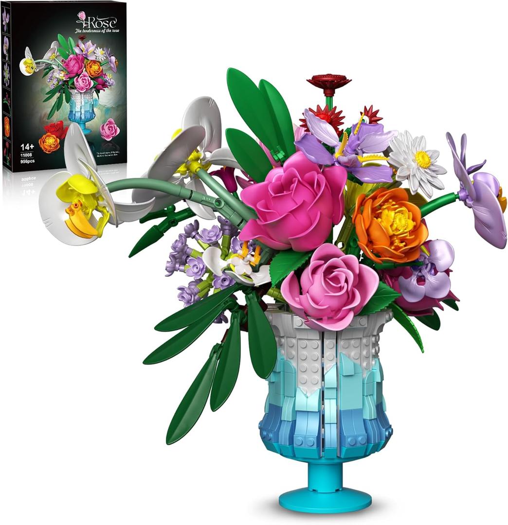 Roses Flowers Bouquet Building Set, Artificial Flore with Vase Compatible with Lego Botanical Collection for Women Adults Girls Home Office Decor (Blue)