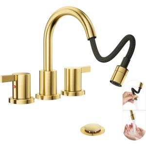 Phiestina Pull Down Sprayer Brushed Gold 8 Inch Bathroom Sink Faucet, 2 Handles 3 Hole Widespread Pull Out Bathroom Faucetwith Pop Up Drain and Water Supply Line,BF04022-K01-BG