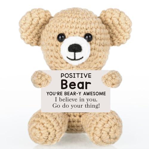 WELLBANEE Positive Crochet Bear Gift for Women Men, Fathers Day Bear Gift for Dad, Positive Bear Graduation Gift for Daughter Son Student, Teacher, Friends, Boss Gifts for Women Coworker 3 in pack