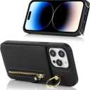 for iPhone 14 pro max Phone Case with Card Holder and Strap for Women, Crossbody Bag with Ring Stand Zipper Wallet Case for Apple14promax Purse - Black