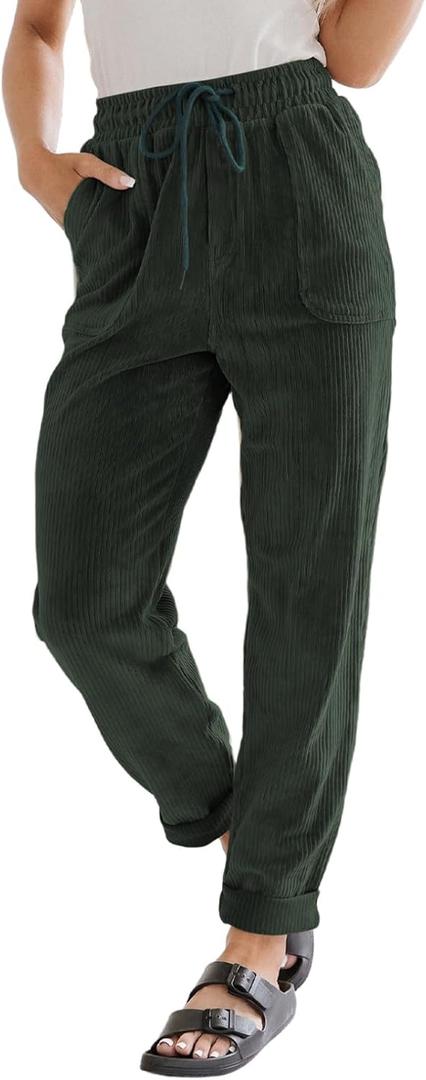 EVALESS Corduroy Pants for Women Casual Drawstring Elastic High Waist Straight Leg Pants Loose Comfy Trousers with Pockets (Small, B Green)