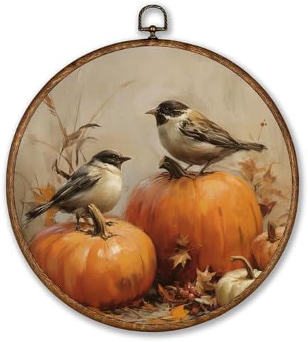 Voxitura Farmhouse Fall Pumpkin Bird Wall Art Round Framed, Vintage Rustic Wall Decor Canvas Hanging Living Room, Autumn Paintings Prints Artwork Decorations for Bedroom Thanksgiving Halloween 10x10in