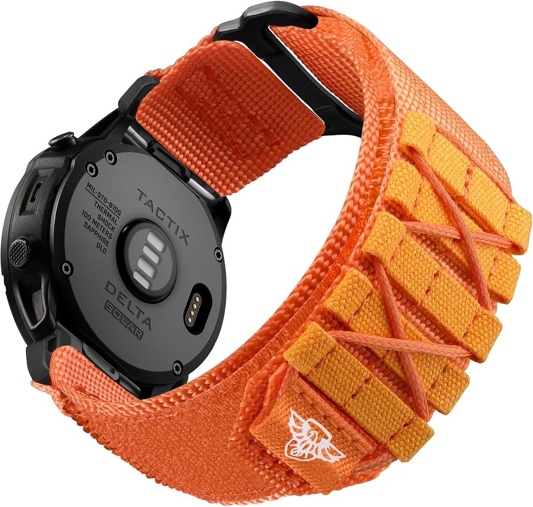 Bandletic Tactical Nylon Compatible with Garmin Fenix 7X 6X 5X Watch Band - 26mm Quick Fit Rugged Strap for Fenix 8 51mm/Instinct 2X Solar 3/Enduro 2 3/Quatix 3/Tactix 7/Epix 2/D2 Bravo Delta/Descent (Orange)