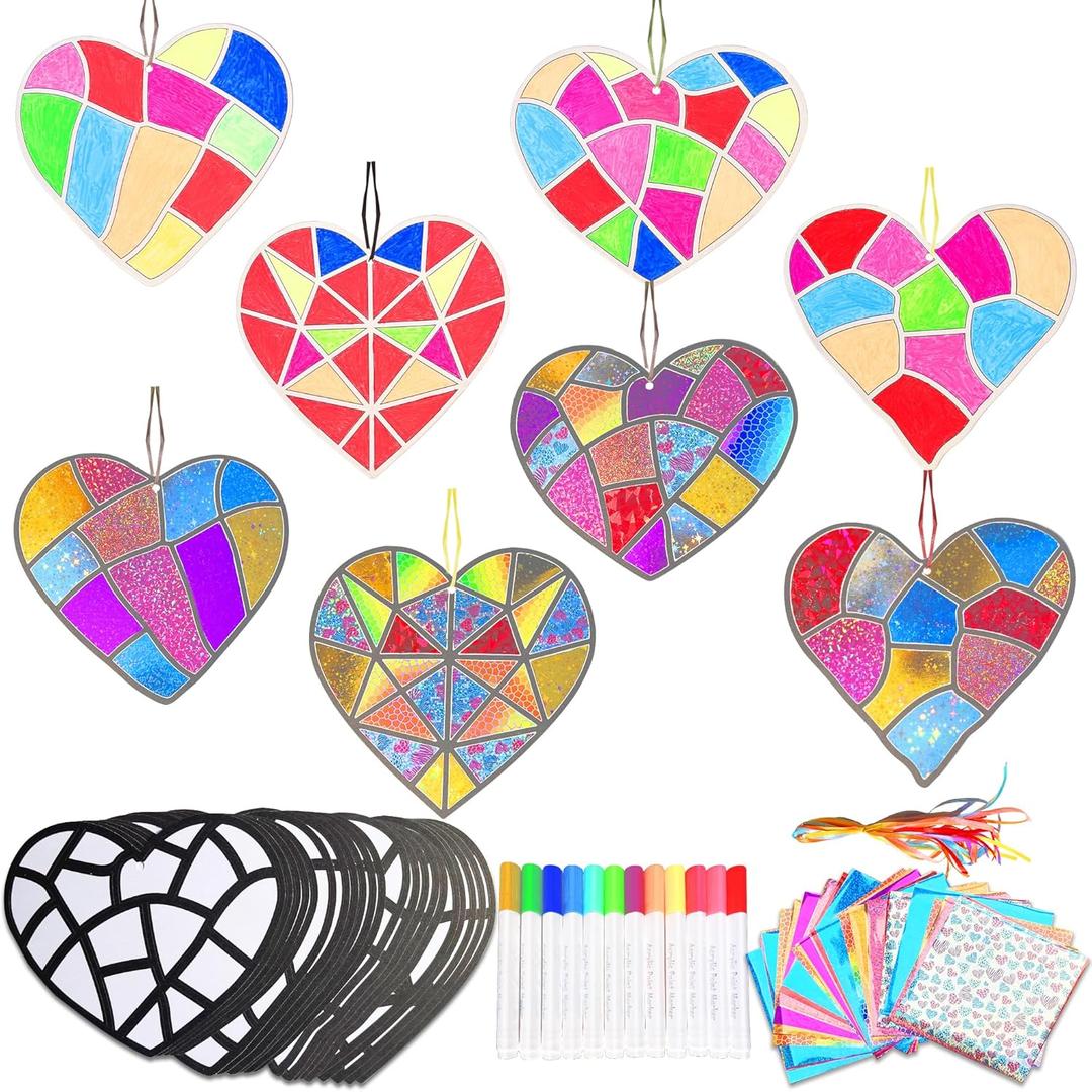 MLOLM 24 Set Valentine Heart Foil Art Craft DIY Heart Painting Art Kit Creative Paper Coloring Gift Idea for Home Art Project Activities Valentine Party Supplies