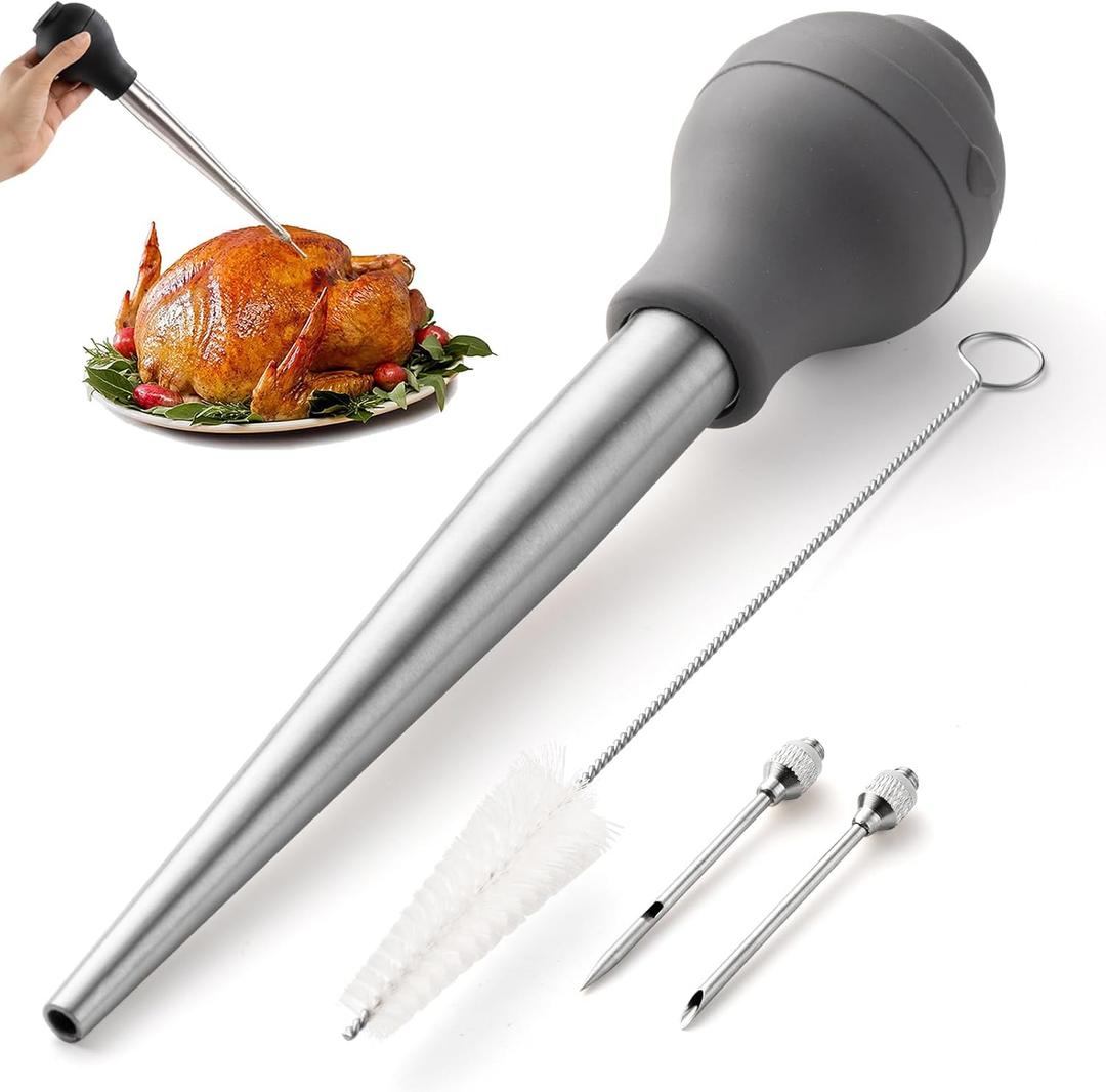 COOK WITH COLOR Turkey Baster with Cleaning Brush - Food Grade Syringe Baster For Cooking, Deluxe Set, Gray