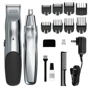 Wahl Groomsman Rechargeable Beard Trimmer kit for Mustaches, Nose Hair, and Light Detailing and Grooming with Bonus Wet/Dry Battery Nose Trimmer  Model 5622v (Silver)