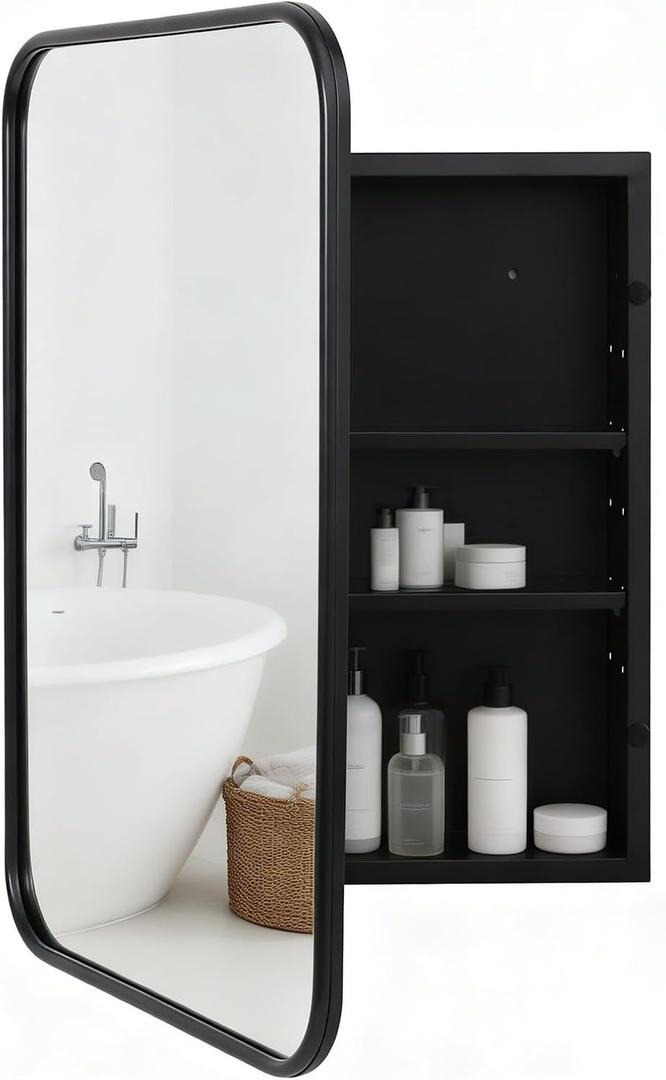 Brushed Metal Medicine Cabinet, Rounded Rectangle Bathroom Mirror with Storage, 2 Adjustable Shelves, Recessed or Surface Mount Mounting, Reversible Door (Brushed Black, 16x24)