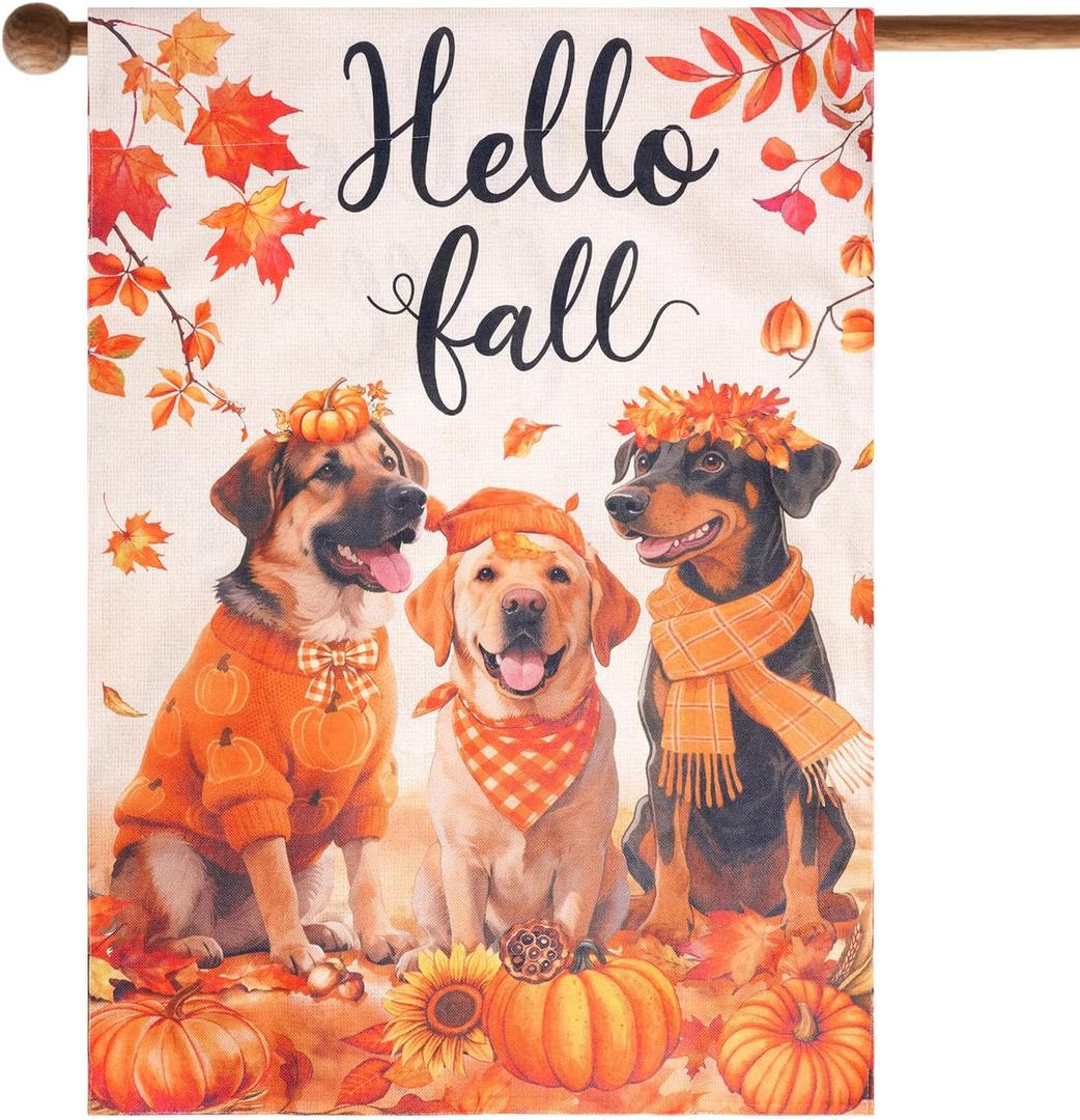baotongle Fall Dogs House Flag 28 x 40 Double Sided Autumn Maple Leaves Thanksgiving Holiday Outside Decorations Burlap Yard Flag