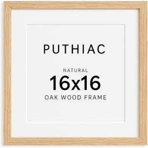 puthiac 16x16 Solid Oak Wood Picture Frame, Fits 12x12 with Mat or 16x16 Without Mat, Wall Display Only, Plexi Front, 1 Pack, Natural Oak