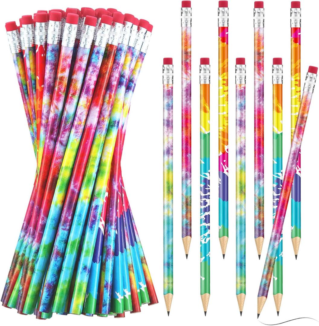 Epakh 48 Pieces Tie Dye Pencils Bulk Fun Colorful Rainbow Cool Wood Gradient Pencils with Eraser Top for Summer Tie Dye Party Decoration Home Office Sketching and Learning Activities