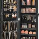 SONGMICS Mirror Jewelry Cabinet Armoire, Wall or Door Mounted Jewelry Storage, Hanging Lockable Frameless with 2 Plastic Cosmetic Organizers, Gift Idea, Black UJJC001B01